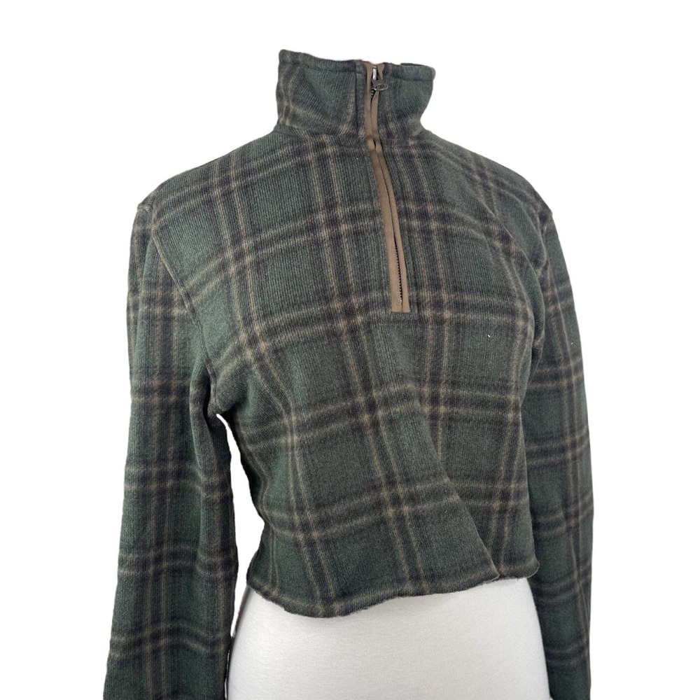cropped plaid quarter zip sweater sweatshirt granola girl green, brown tan